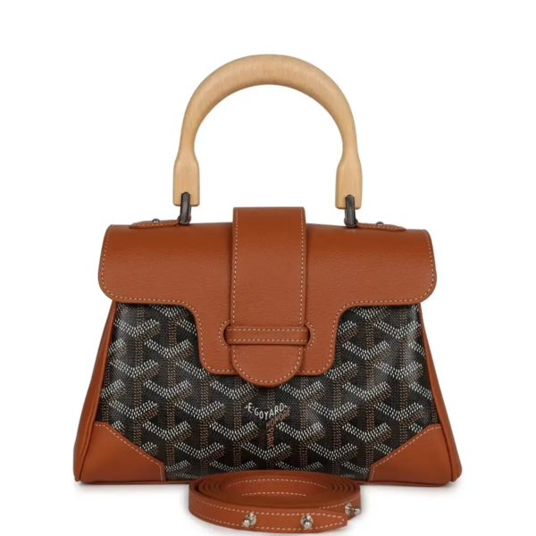 fake designer bags Goyard Goyardine Canvas Mini Saigon Souple Bag in Black & Brown with Palladium Hardware front