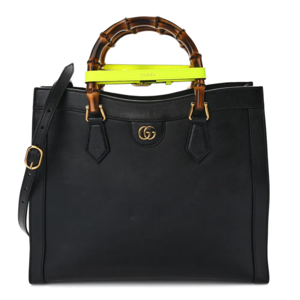 fake designer bags Gucci Medium Calfskin Diana Tote Bag in Black Yellow Fluo with Aged Gold Hardware front