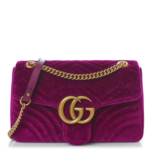 fake designer bags Gucci Medium Velvet Matelasse GG Marmont Shoulder Bag in Fuchsia Violet Cyclamen with Aged Gold Hardware front