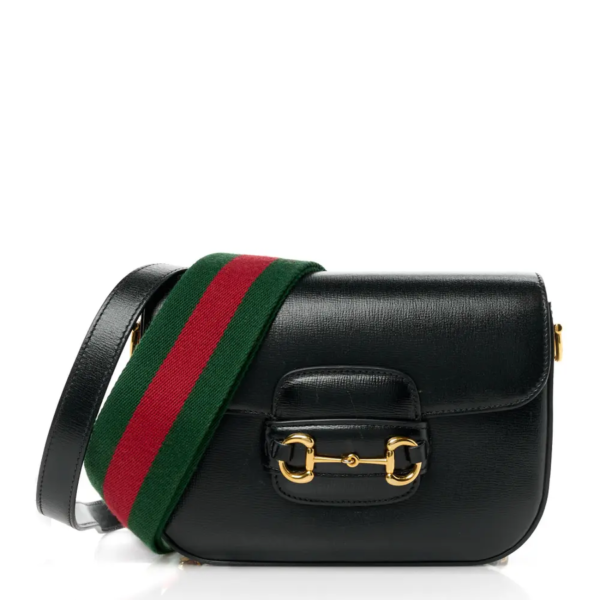 fake designer bags Gucci Mini Azalea Calfskin Web Horsebit 1955 Shoulder Bag in Black with Gold Hardware front