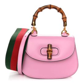 fake designer bags Gucci Mini Boarded Dyana Lux Calfskin Web Bamboo 1947 Top Handle Bag in Nice Pink with None front