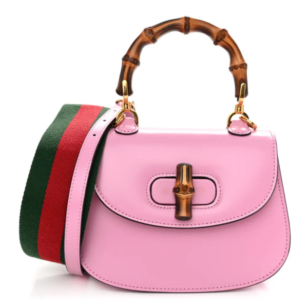 fake designer bags Gucci Mini Boarded Dyana Lux Calfskin Web Bamboo 1947 Top Handle Bag in Nice Pink with None front