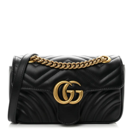 fake designer bags Gucci Mini Calfskin Matelasse GG Marmont Shoulder Bag in Black with Aged Gold Hardware front