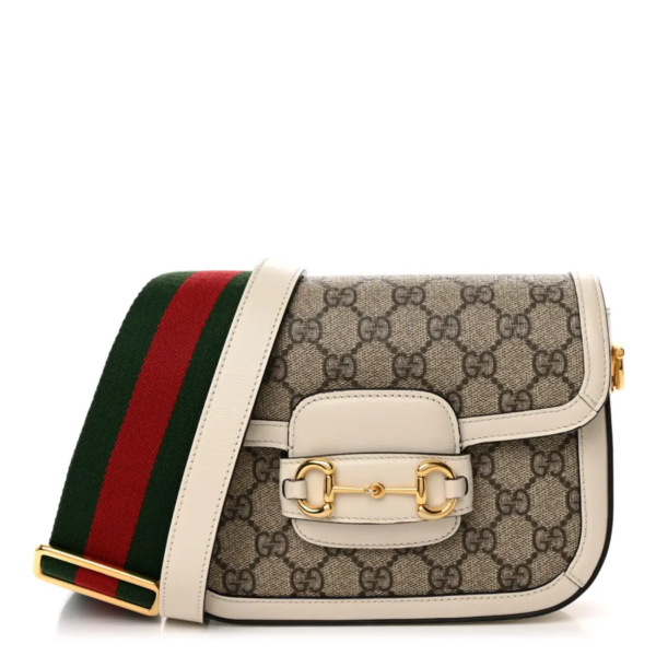 fake designer bags Gucci Mini GG Supreme Monogram Web Horsebit 1955 Shoulder Bag in Beige Mystic White with Gold Hardware front