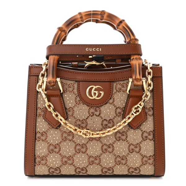 fake designer bags Gucci Mini New Canvas Charisma Calfskin Crystal GG Monogram Diana Tote Bag in Camel_Ebony with Gold Hardware front