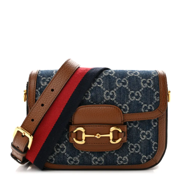 fake designer bags Gucci Mini New Denim GG Monogram Dollar Calfskin Cuir Web Horsebit 1955 Shoulder Bag in Blue Tea Epilog with Gold Hardware front