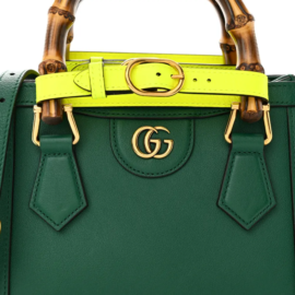 fake designer bags Gucci Mini Wonka Grain Calfskin Diana Tote Bag in Green Yellow Fluo with Gold Hardware detail