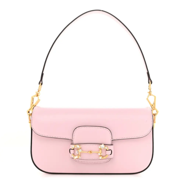 fake designer bags Gucci Small Azalea Calfskin Crystal Horsebit 1955 Chain Shoulder Bag in Pink with Gold Hardware front