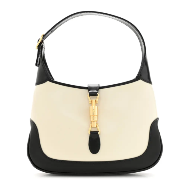 fake designer bags Gucci Small Boarded Dyana Lux Calfskin Bi-Color Jackie 1961 Hobo in Mystic White Black with None front