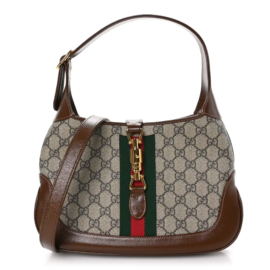 fake designer bags Gucci Small GG Supreme Monogram Azalea Calfskin Web Jackie 1961 Hobo in Beige Ebony Brown Sugar with Polished Gold Hardware front