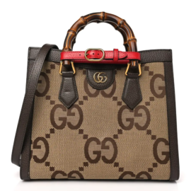 fake designer bags Gucci Small Monogram Jumbo GG Textured Dollar Calfskin Diana Tote Bag in Camel Ebony New Acero Pomegranate Red with Gold Hardware front