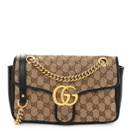 fake designer bags Gucci Small Monogram Matelasse Diagonal GG Marmont Shoulder Bag in Beige_Black with Aged Silver Hardware front