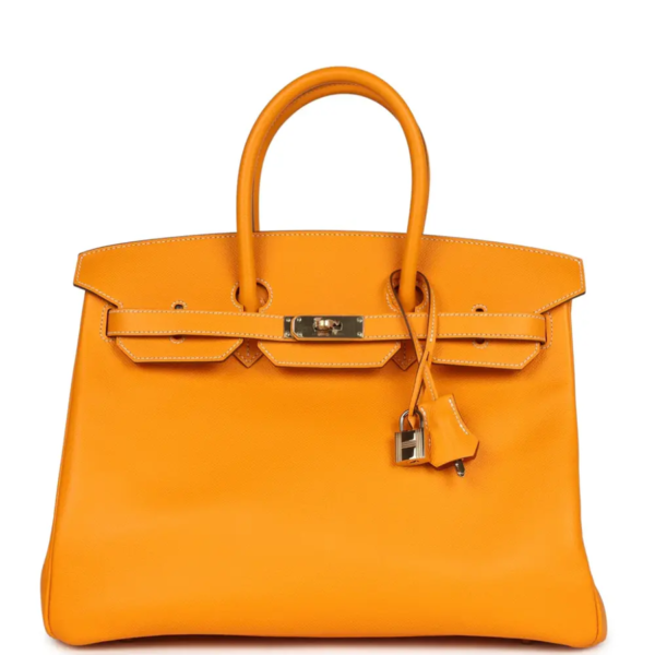 fake designer bags Hermès Candy Epsom Birkin 35 in Jaune d_Or with Permabrass Hardware front