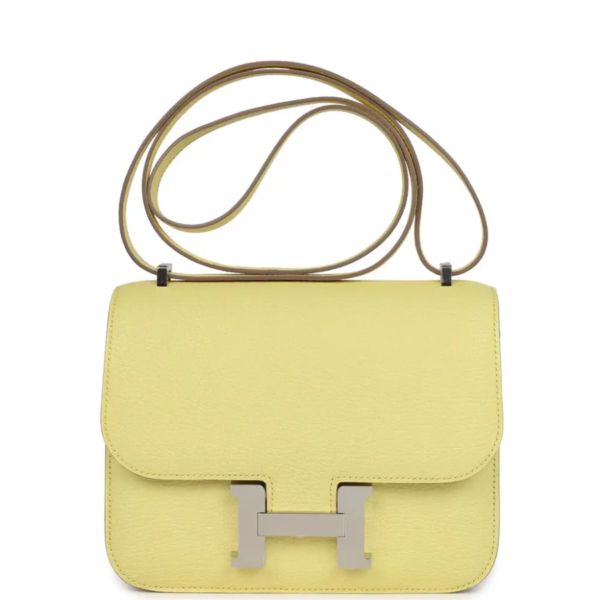 fake designer bags Hermès Chevre Mysore Constance 18 in Limoncello with Palladium Hardware front