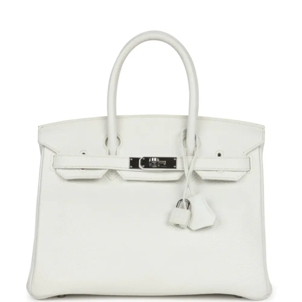 fake designer bags Hermès Clemence Birkin 30 in White with Palladium Hardware front