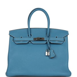 fake designer bags Hermès Clemence Birkin 35 in Blue Jean with Palladium Hardware front