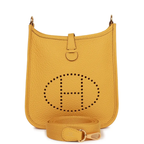 fake designer bags Hermès Clemence Evelyne TPM in Jaune Ambre with Gold Hardware front