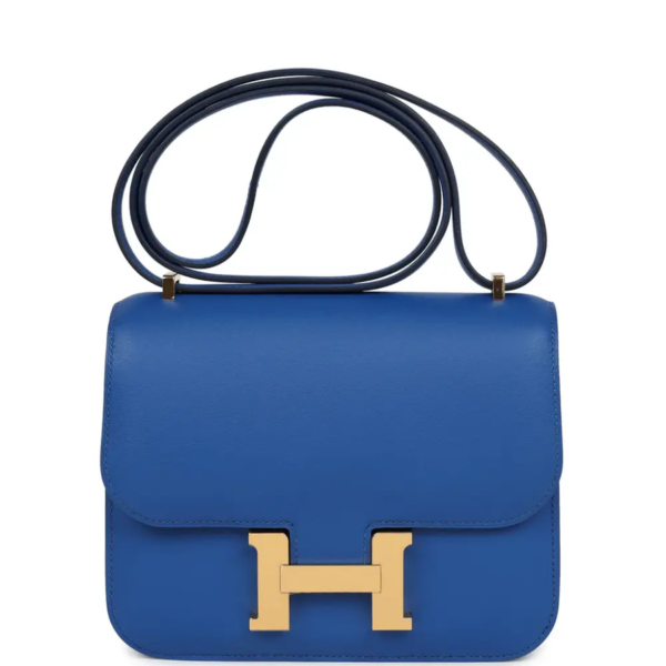 fake designer bags Hermès Constance 18 in Bleu France Swift with Gold Hardware front