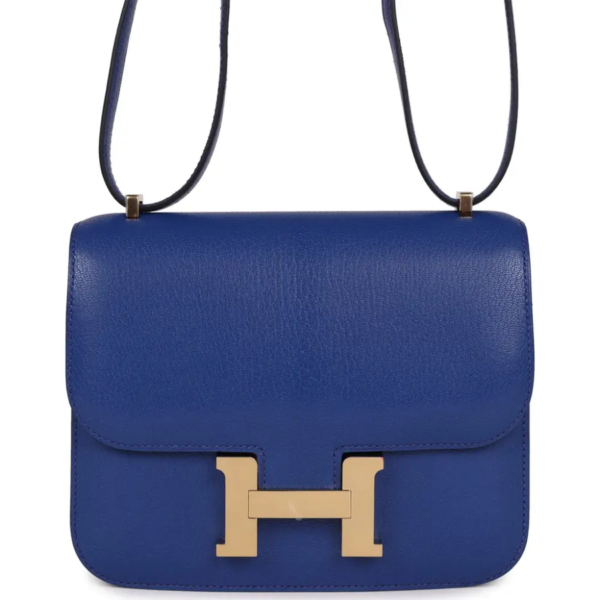 fake designer bags Hermès Constance 18 in Bleu Royal Chevre with Gold Hardware front