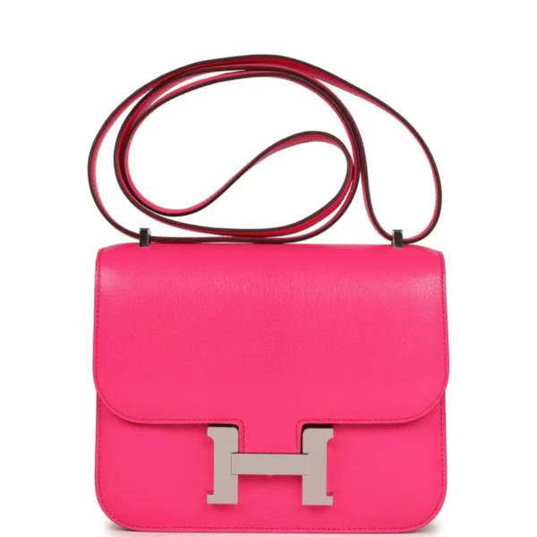 fake designer bags Hermès Constance 18 in Rose Pop Chevre Chamkila with Palladium Hardware front