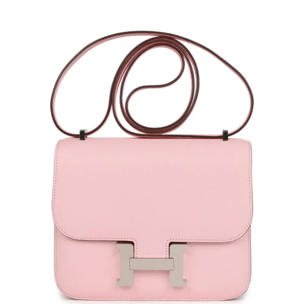 fake designer bags Hermès Constance 18 in Rose Sakura Chevre with Palladium Hardware front