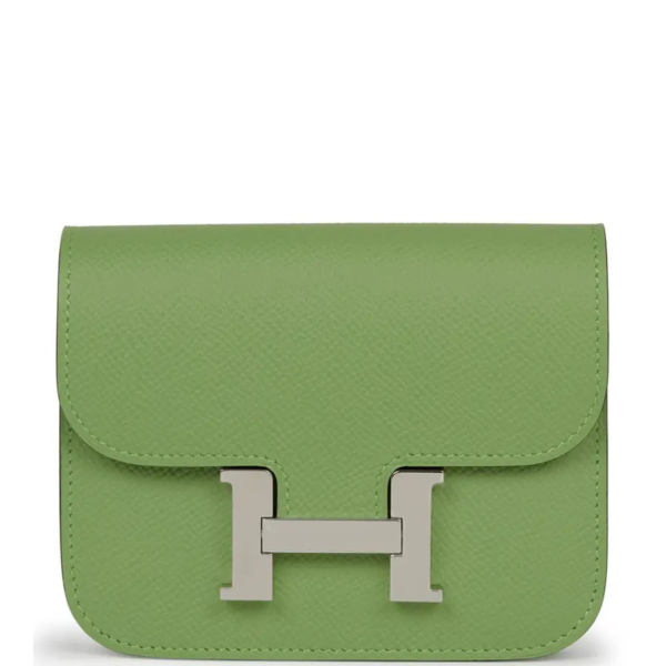 fake designer bags Hermès Constance Slim Wallet in Vert Criquet Epsom with Palladium Hardware front