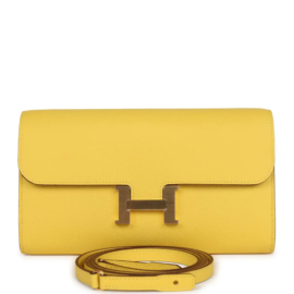 fake designer bags Hermès Constance To Go Wallet in Jaune De Naples Epsom with Gold Hardware front