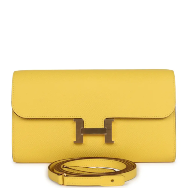 fake designer bags Hermès Constance To Go Wallet in Jaune De Naples Epsom with Gold Hardware front