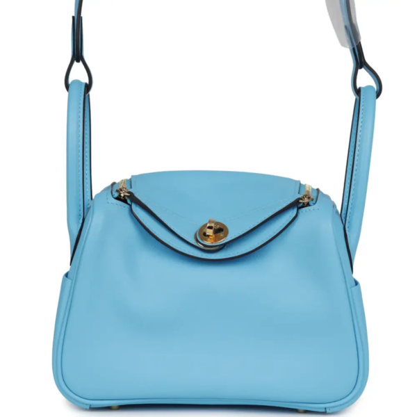 fake designer bags Hermès Lindy Mini in Celeste Swift with Gold Hardware front