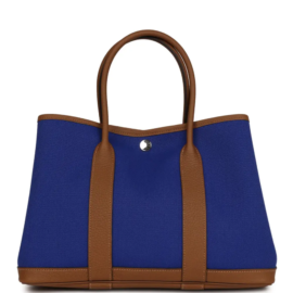 fake designer bags Hermès Negonda Toile Garden Party 30 in Bleu Electric and Alezan with Palladium Hardware front