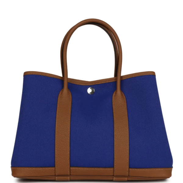 fake designer bags Hermès Negonda Toile Garden Party 30 in Bleu Electric and Alezan with Palladium Hardware front