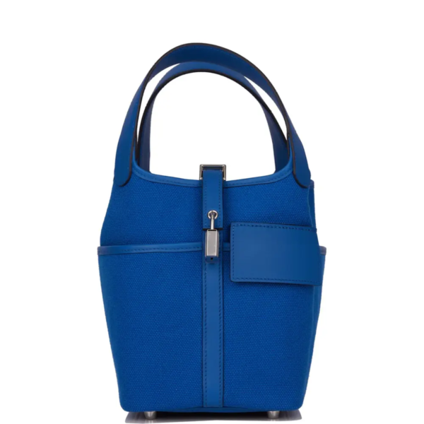 fake designer bags Hermès Swift and Toile Canvas Picotin Cargo 18 in Bleu France with Palladium Hardware front