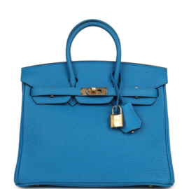 fake designer bags Hermès Togo Birkin 25 in Bleu Zanzibar with Gold Hardware front