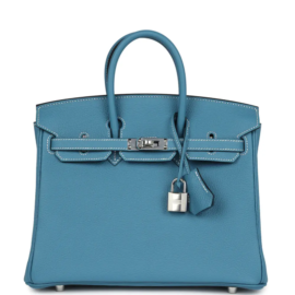 fake designer bags Hermès Togo Birkin 25 in Blue Jean with Palladium Hardware front