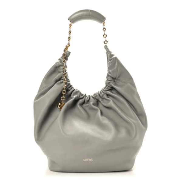 fake designer bags Loewe Medium Buttery Nappa Lambskin Squeeze Bag in Pearl Grey with Polished Gold Hardware front