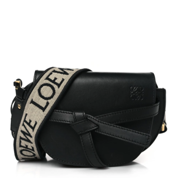 fake designer bags Loewe Mini Calfskin Jacquard Gate Dual Bag in Black with Polished Gold Hardware front