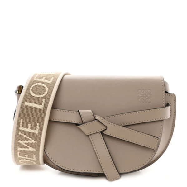 fake designer bags Loewe Mini Calfskin Jacquard Gate Dual Bag in Sand with Polished Gold Hardware front