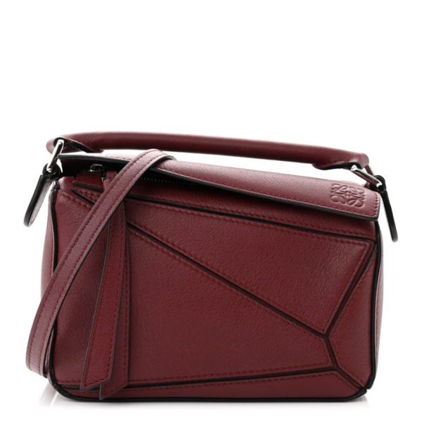 fake designer bags Loewe Mini Calfskin Puzzle Bag in Wine with Polished Silver Hardware front