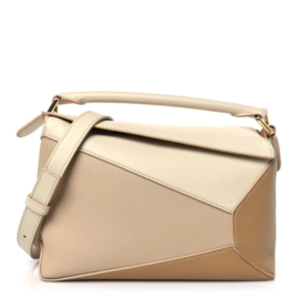 fake designer bags Loewe Small Classic Calfskin Puzzle Edge Bag in Dusty Beige Soft White with Polished Gold Hardware front