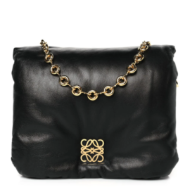 fake designer bags Loewe Small Lambskin Goya Puffer Bag in Black with Polished Gold Hardware front