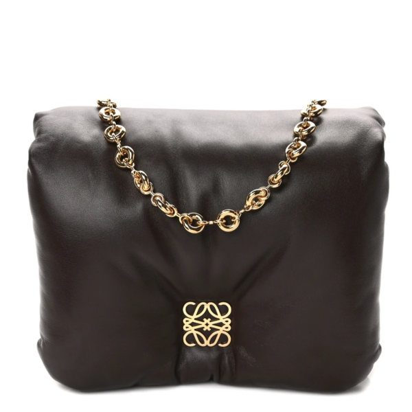 fake designer bags Loewe Small Lambskin Goya Puffer Bag in Dark Chocolate with Polished Gold Hardware front