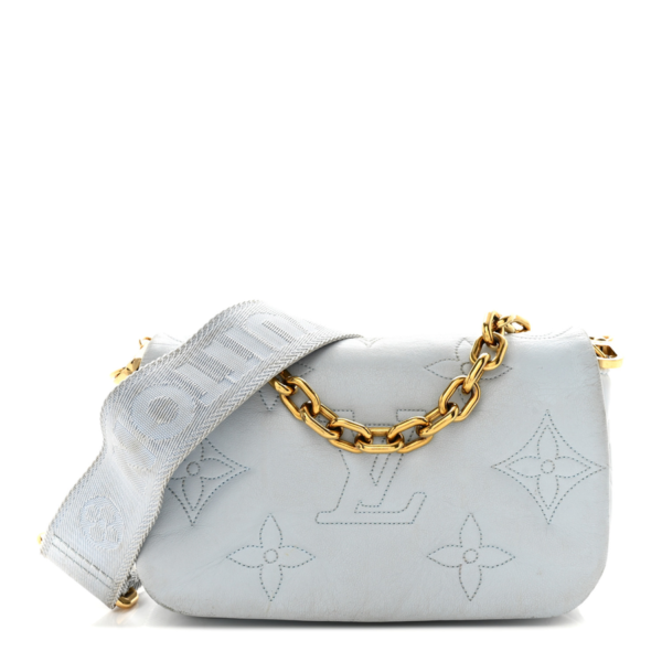 fake designer bags Louis Vuitton Calfskin Monogram Bubblegram Wallet On Strap BB in Ice Blue with Gold Hardware front