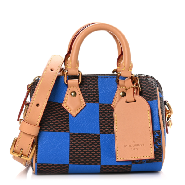 fake designer bags Louis Vuitton Damier Pop Go Speedy Bandouliere 18 in Blue with Gold Hardware front