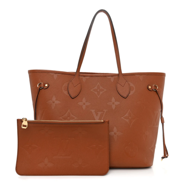 fake designer bags Louis Vuitton Empreinte Monogram Giant Neverfull MM in Cognac front