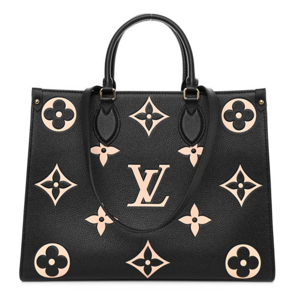 fake designer bags Louis Vuitton Empreinte Monogram Giant OnTheGo MM in Black Beige with Gold Hardware front