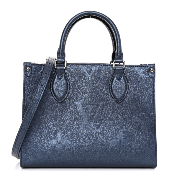 fake designer bags Louis Vuitton Giant Metallic Empreinte Monogram OnTheGo PM in Navy Nacre with Gold Hardware front