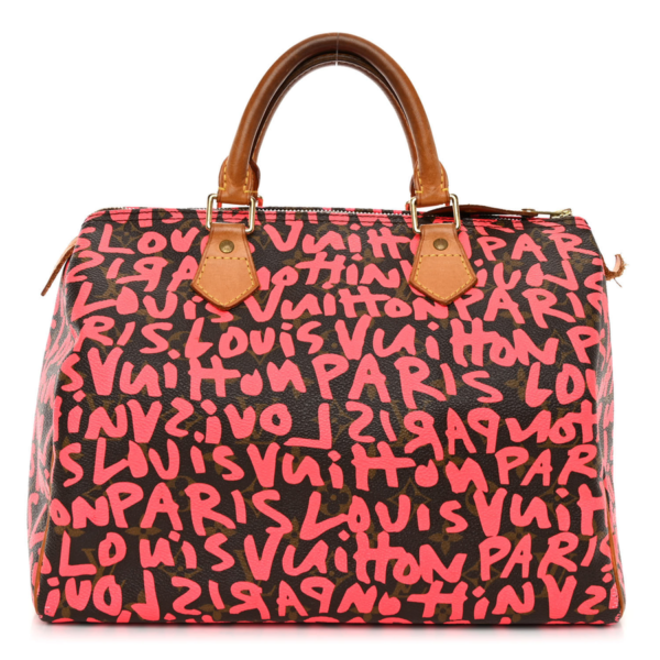 fake designer bags Louis Vuitton Graffiti Monogram Speedy 30 in Fuchsia with Gold Hardware front