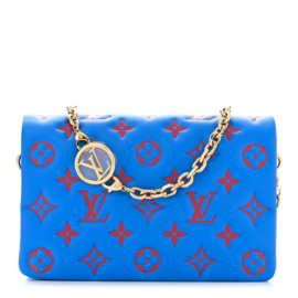 fake designer bags Louis Vuitton Lambskin Embossed Monogram Vuittamins Pochette Coussin BB in Blue Red with Gold Hardware front