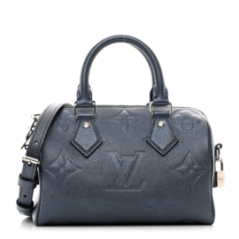 fake designer bags Louis Vuitton Metallic Empreinte Monogram Giant Speedy Bandouliere 20 in Navy Nacre with Silver Hardware front