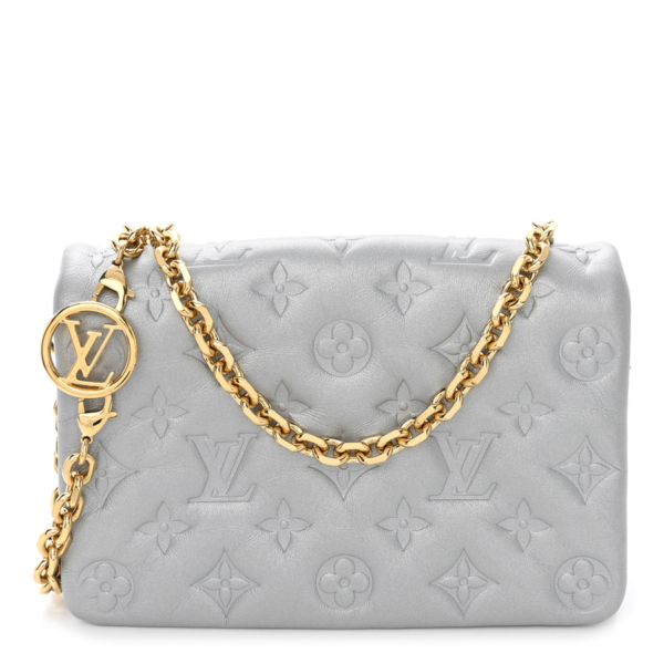 fake designer bags Louis Vuitton Metallic Lambskin Embossed Monogram Pochette Coussin BB in Silver with Gold Hardware front